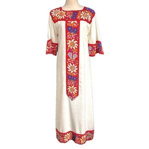 Vintage Sun & Sand 1970s Beige Crewel Embroidered  Floral Boho Caftan MAXI Dress